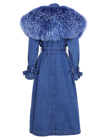DUVE Fluffy Faux Fur Denim Coat in Blue