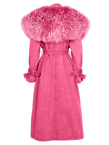 DUVE Fluffy Faux Fur Denim Coat in Pink