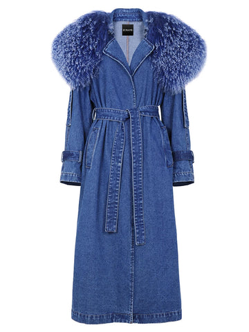 DUVE Fluffy Faux Fur Denim Coat in Blue