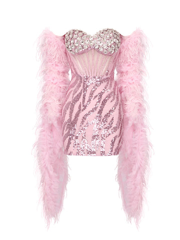 KAITY Sequins Mini Dress w Feathers Scarf