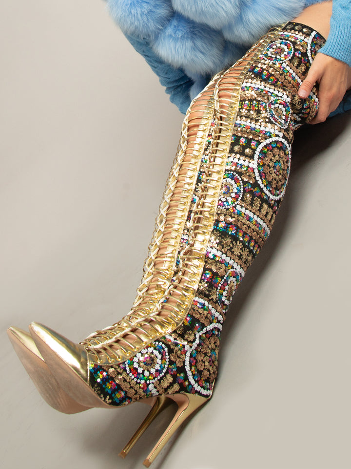 Gold Beaded Pointed Toe High Knee Heel Boots