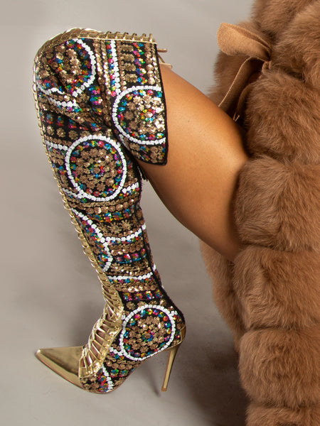 Gold Beaded Pointed Toe High Knee Heel Boots