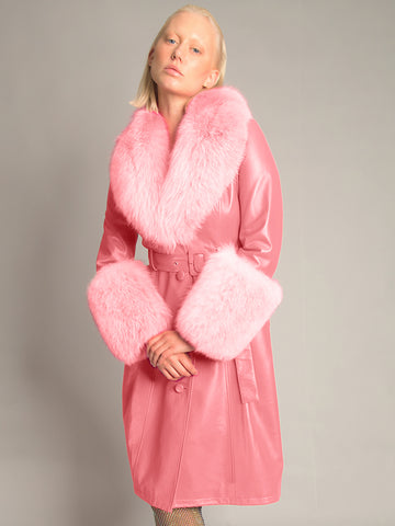 Foxy Leather Coat w/ Fox Fur In Rose Pink