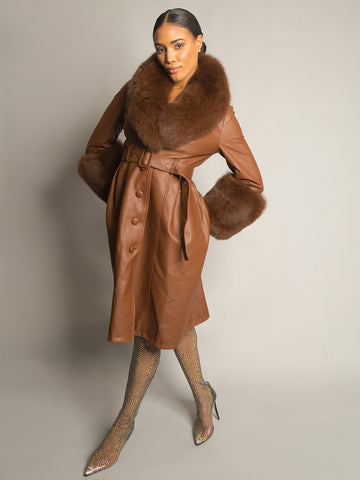 Foxy Leather Coat w/ Fox Fur In Brown