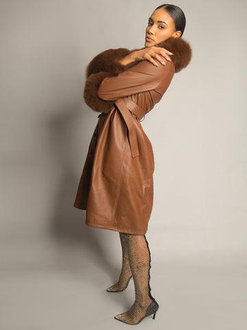 Foxy Leather Coat w/ Fox Fur In Brown