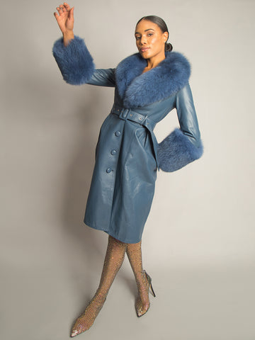 Foxy Leather Coat w/ Fox Fur In Yale Blue