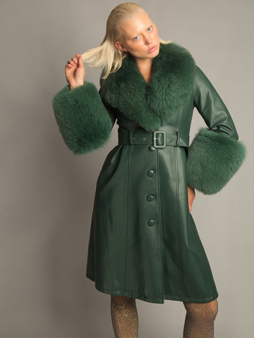 Foxy Leather Coat w/ Fox Fur In Deep Green
