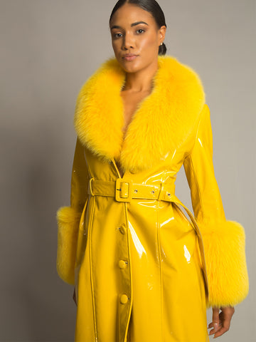 Patent Leather Coat w/ Fox Fur In Yellow