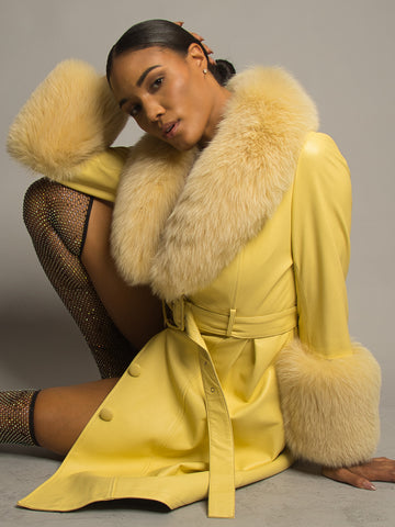 Foxy Leather Coat w/ Fox Fur In Yellow
