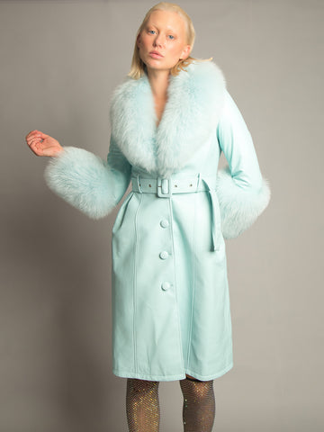 Foxy Leather Coat w/ Fox Fur In Baby Blue