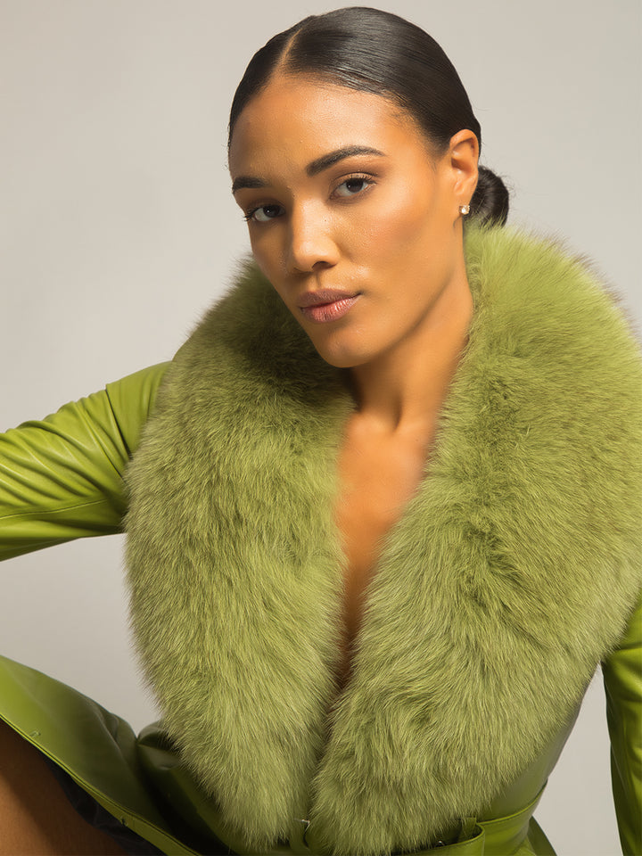 Foxy Leather Coat w/ Fox Fur In Lime Green