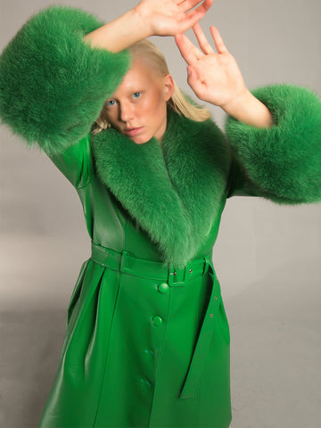 Foxy Leather Coat w/ Fox Fur In Emerald Green