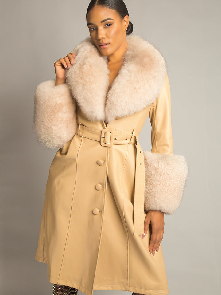 Foxy Leather Coat w/ Fox Fur In Tan