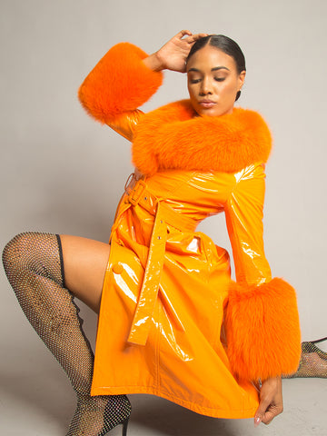 Patent Leather Coat w/ Fox Fur In Orange