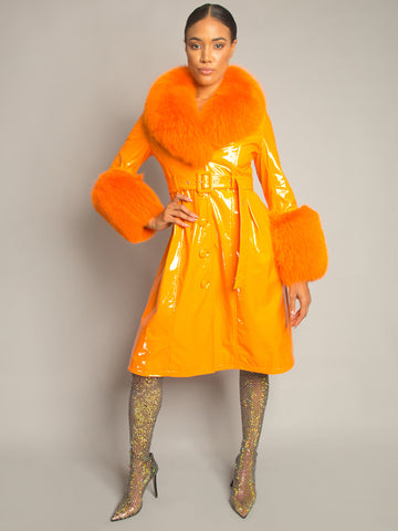 Patent Leather Coat w/ Fox Fur In Orange