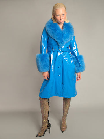 Patent Leather Coat w/ Fox Fur In Blue
