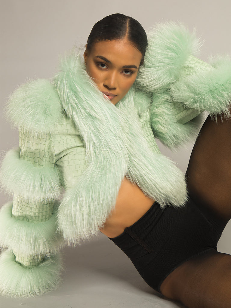 LITALY Fur Trim Leather Jacket in Light Green