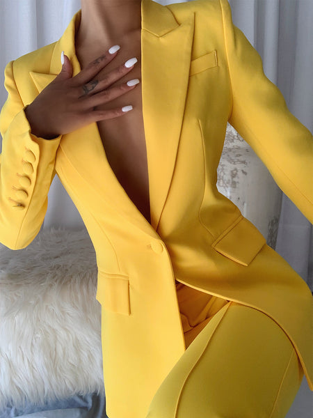 Blazer Set Neon Yellow For Women + Flare Trousers Suit