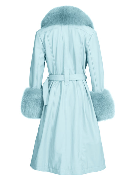 Faux Fur Genuine Leather Coat in Baby Blue Light Blue / 5XL