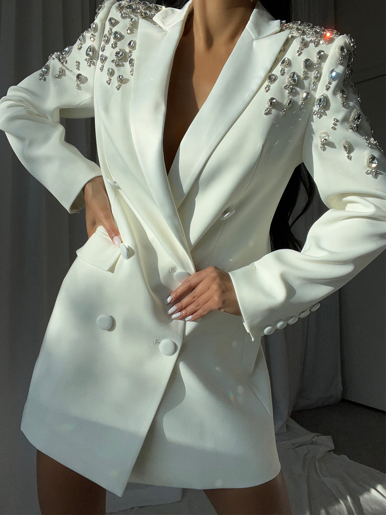 MESSA Beaded Cady Mini Blazer Dress in White
