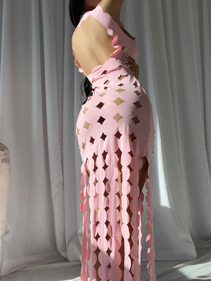 CERA Appliqué Fringe Maxi Dress in Pink