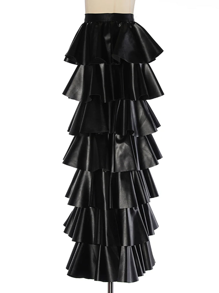 SANNE Tiered Ruffled Leather Maxi Skirt