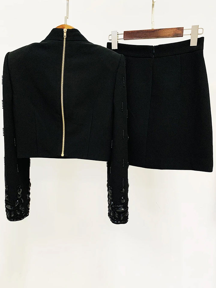MATEA Beaded Cady Turtleneck Top & Mini Skirt in Black