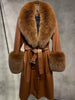 Faux Fur Genuine Leather Coat in Brown