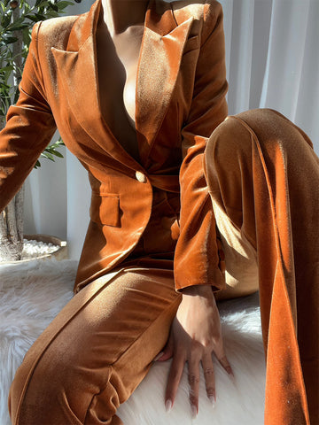 HINIYA Velvet Blazer & Flared Pants Set in Brown
