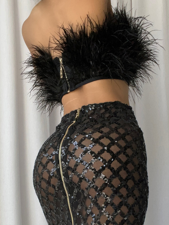 MAGLINA Feather Top & Sequins Skirt Set in Black