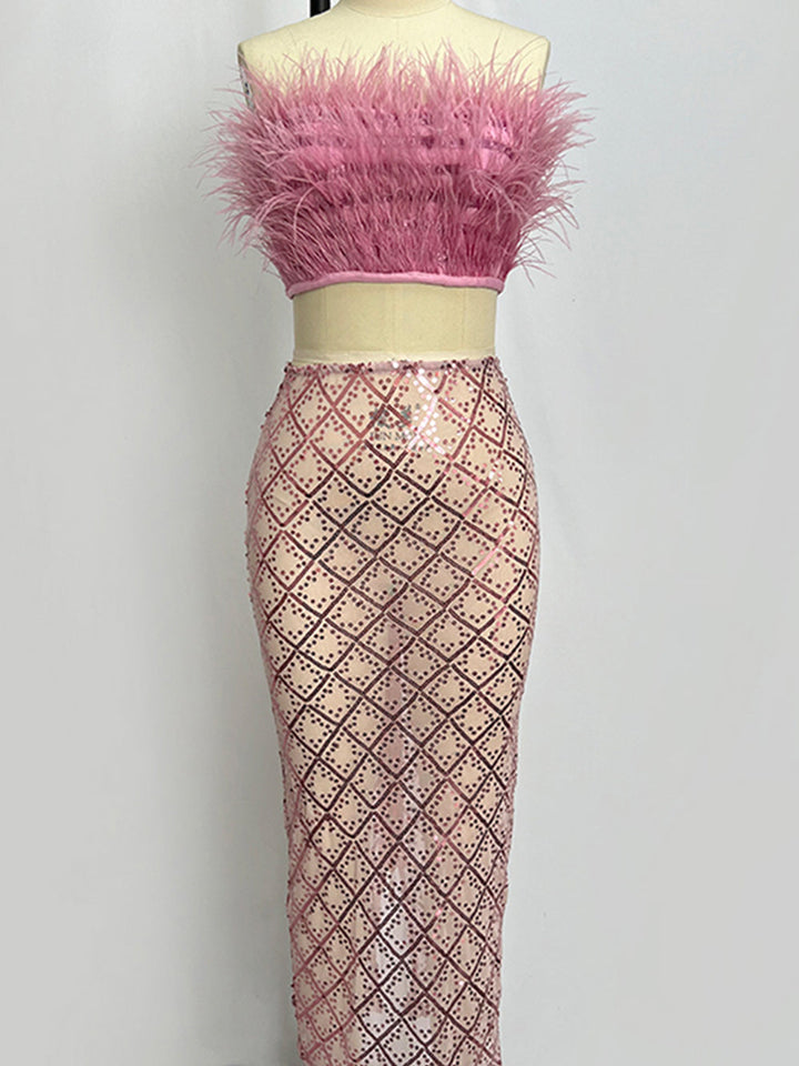 MAGLINA Feather Top & Sequins Skirt Set in Pink