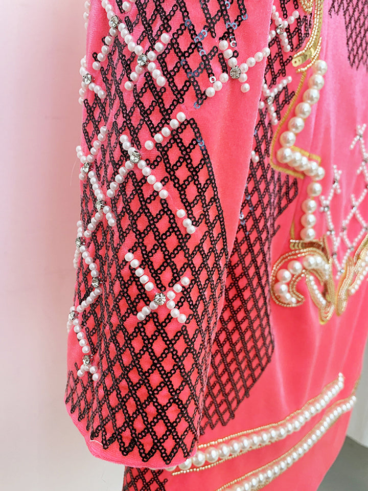 ORENE Pearls Beaded Velvet Mini Dress in Pink