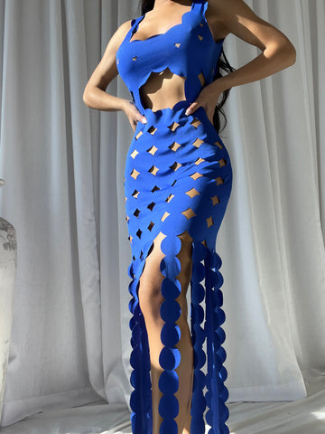 CERA Appliqué Fringe Maxi Dress in Blue