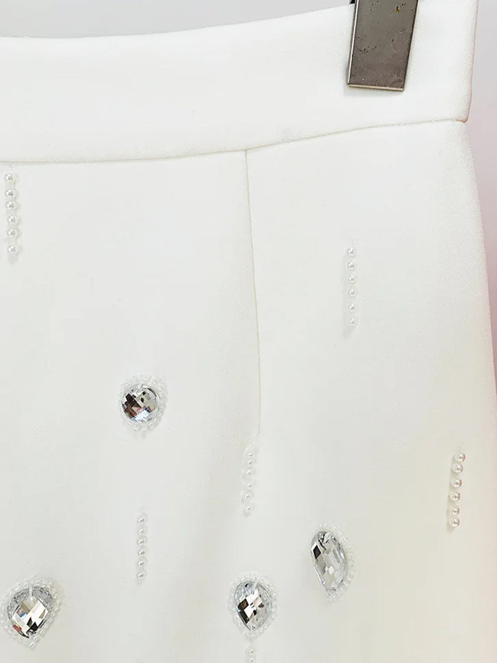 MATEA Beaded Cady Turtleneck Top & Mini Skirt in White