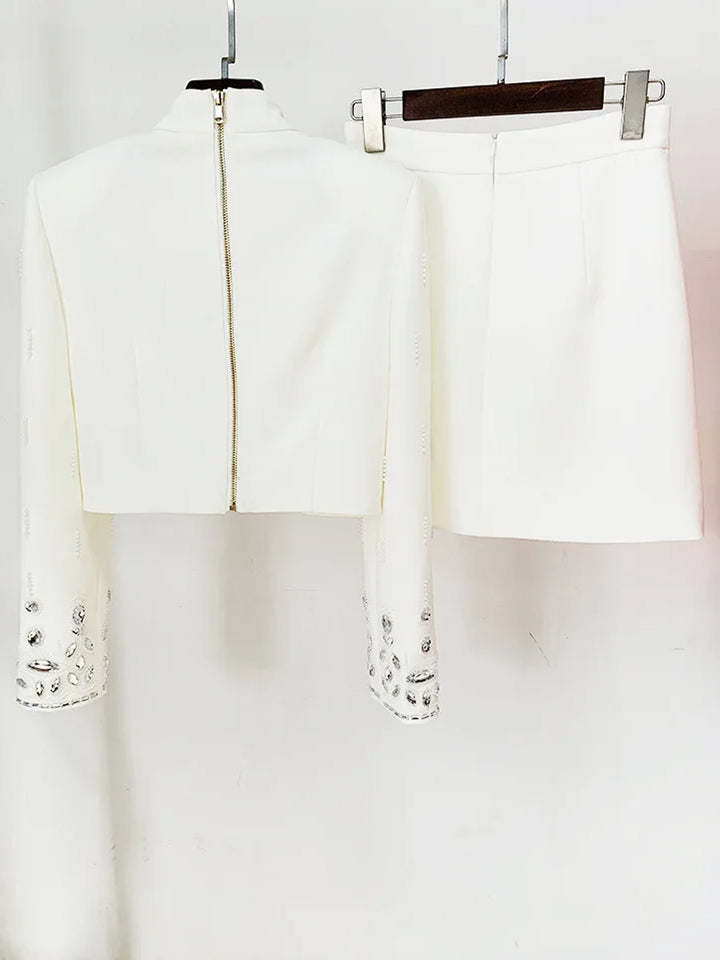 MATEA Beaded Cady Turtleneck Top & Mini Skirt in White