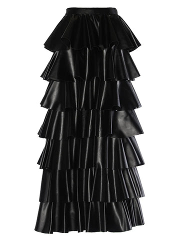 SANNE Tiered Ruffled Leather Maxi Skirt
