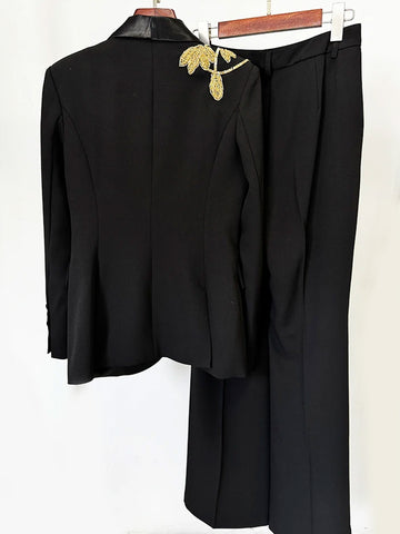 FOGELE Embellished Blazer & Flared Pants Set in Black