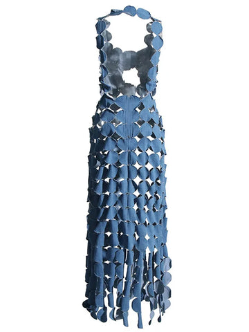 CERA Appliqué Fringe Maxi Dress in Denim