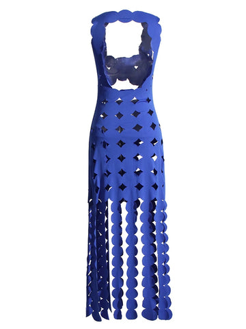 CERA Appliqué Fringe Maxi Dress in Blue