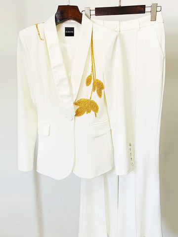 FOGELE Embellished Blazer & Flared Pants Set in White
