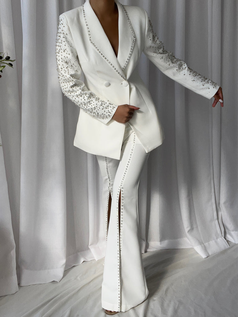 White Ankle Tie Pants Blazer Outfit Set - White / M