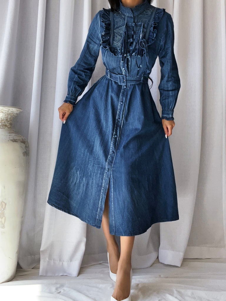 SSENA Embroidery Denim Dress