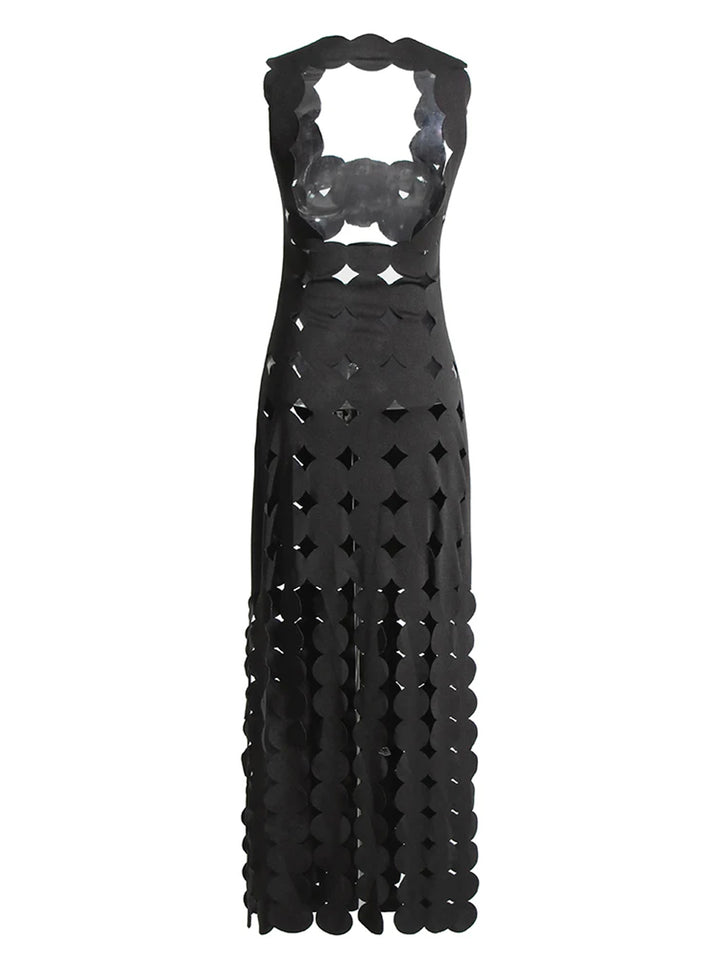 CERA Appliqué Fringe Maxi Dress in Black