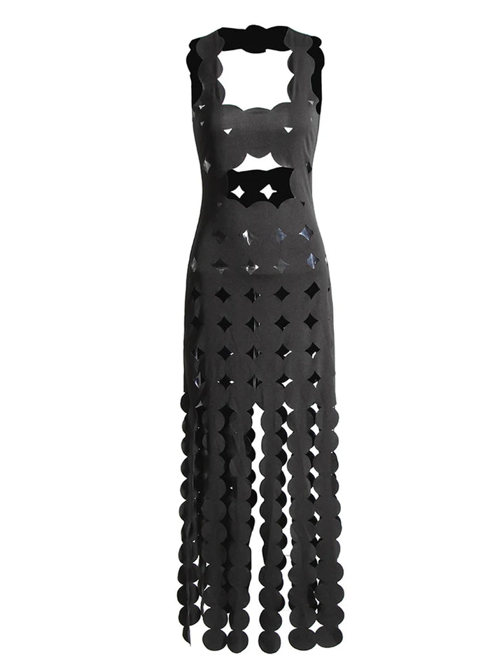 CERA Appliqué Fringe Maxi Dress in Black