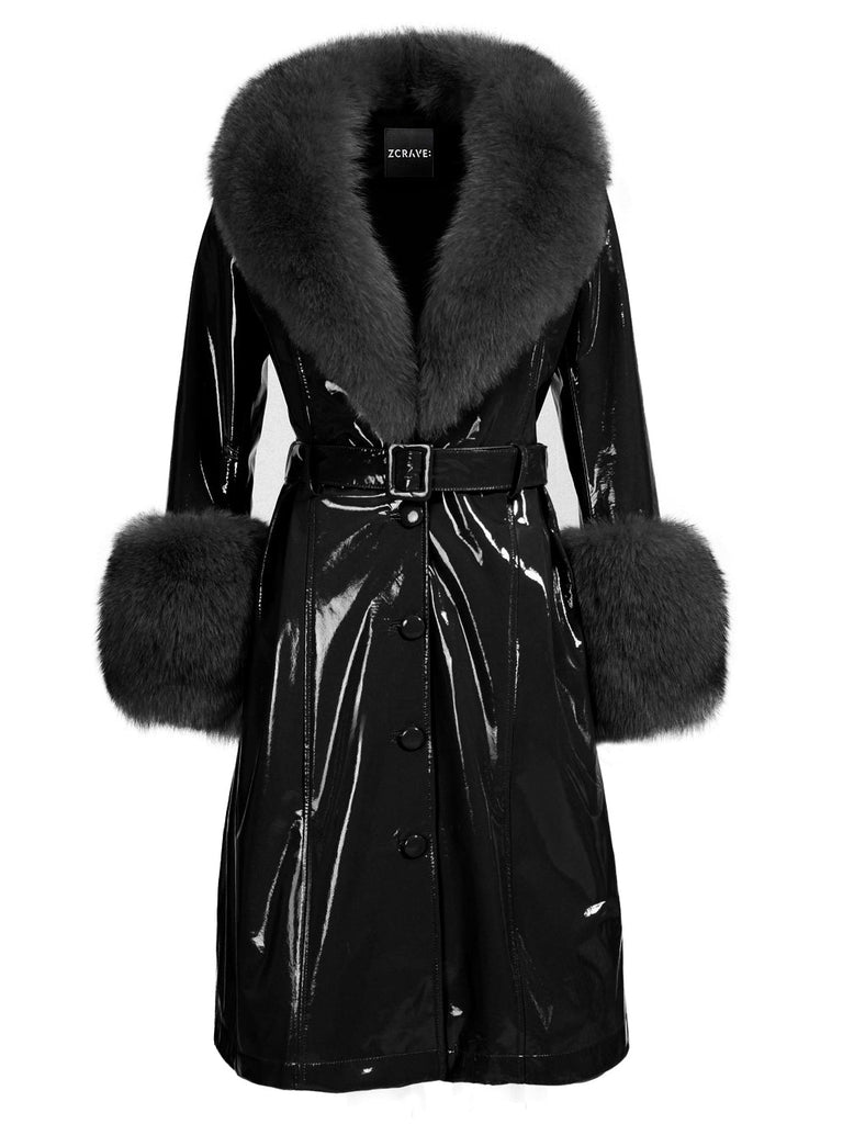 Patent Leather Coat w/ Fox Fur In Black – ZCRAVE