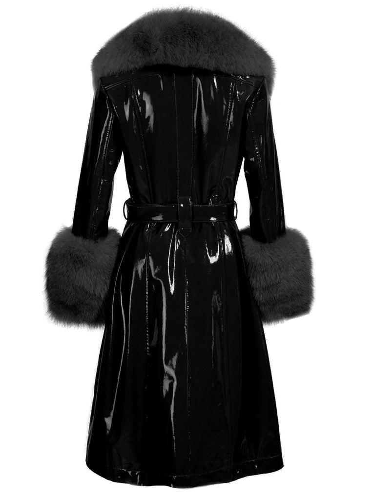 Patent Leather Coat w/ Fox Fur In Black