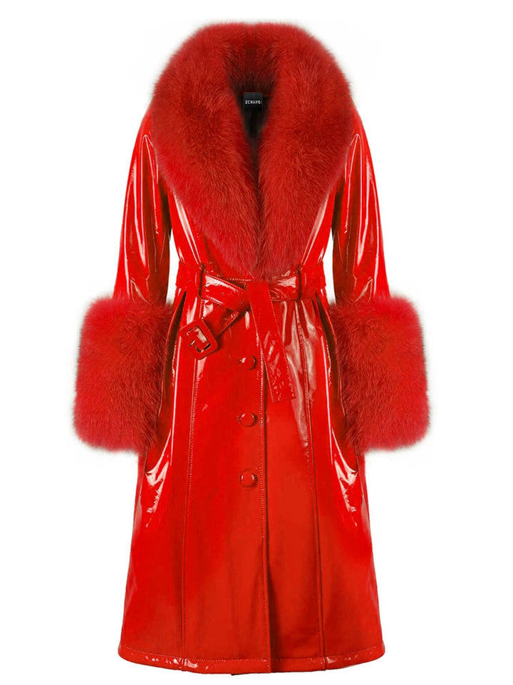 Patent Leather Coat w/ Fox Fur In Red