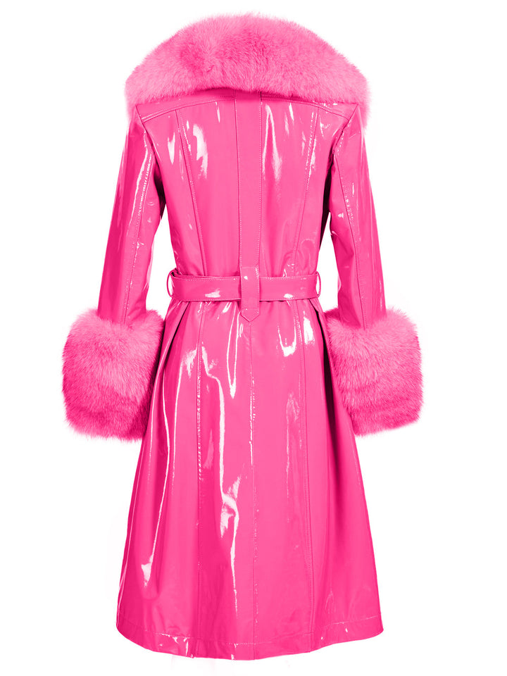 Patent Leather Coat w/ Fox Fur In Fuchsia