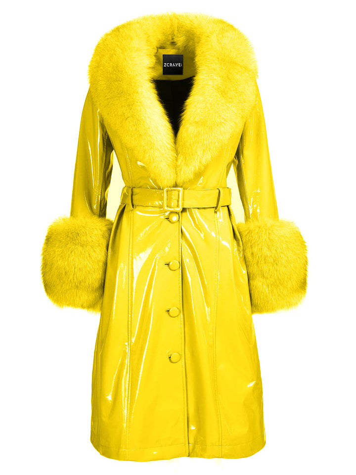 Patent Leather Coat w/ Fox Fur In Yellow