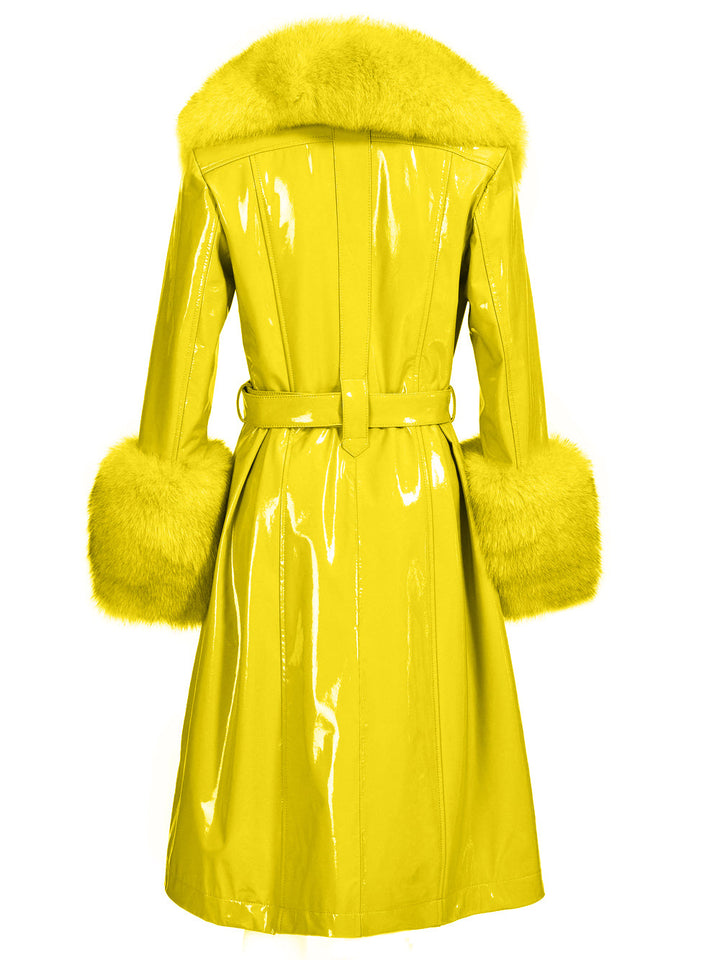 Patent Leather Coat w/ Fox Fur In Yellow